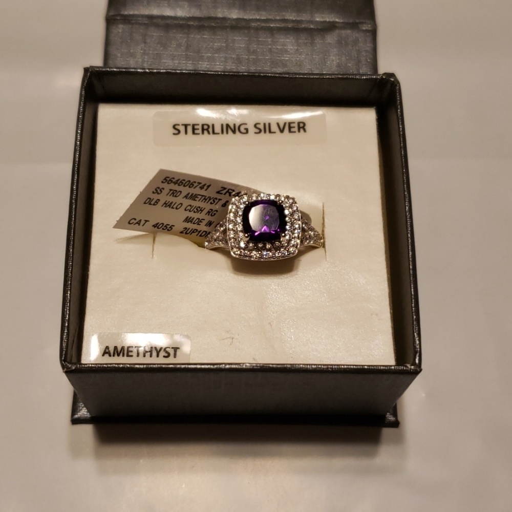 New Sterling Silver Amethyst Halo Ring Size 7